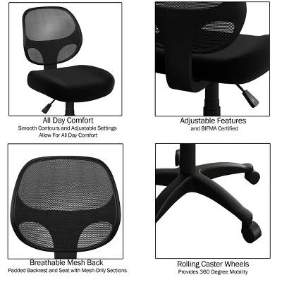 Computer Chair – Adjustable Height Armless Office Chair With Wheels, Curved Mesh Back, Foam Seat, And Swivels In 360-Degrees By Lavish Home (Black 4 Computer Chair – Adjustable Height Armless Office Chair With Wheels, Curved Mesh Back, Foam Seat, And Swivels In 360-Degrees By Lavish Home (Black - Image 2