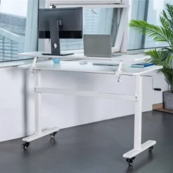 Tranzendesk Standing Desk With Clamp-On Shelf - 55" Sit To Stand Workstation With 55” Monitor Stand - White - Stand Steady -Furniture Store GUEST 06c99607 8b89 4cab ac4c 2fcf57a39bed