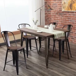 Costway Copper Set Of 4 Metal Wood Counter Stool Kitchen Dining Bar Chairs Rustic Full Back