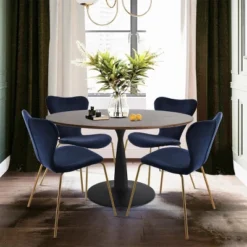 Harold+Flavia 5-Piece Walnut Foil Round Top Pedestal Dining Table Set With 4 Upholstered Chairs -The Pop Maison -Furniture Store GUEST 090b77f7 9db1 41b5 bc04 847ffa8c4bf9