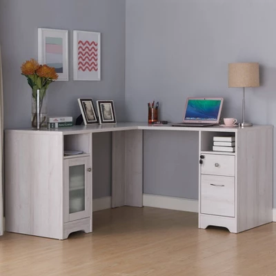 Ghally Locking Drawer L-Shape Desk With USB Ports White Oak - MiBasics 3 Ghally Locking Drawer L-Shape Desk With USB Ports White Oak - MiBasics
