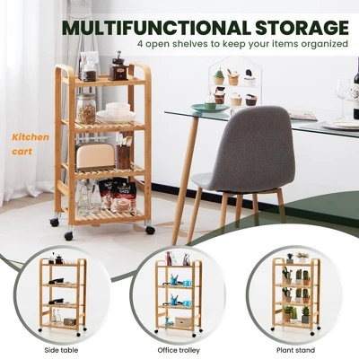 Costway 4-Tier Kitchen Serving Trolley Cart Mobile Bamboo Storage Shelf Lockable Casters 6 Costway 4-Tier Kitchen Serving Trolley Cart Mobile Bamboo Storage Shelf Lockable Casters - Image 4