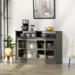 HOMCOM Modern Sideboard With Shelves, Buffet Cabinet With Storage Cabinets, Adjustable Shelf, Sliding Doors For Living Room, Kitchen, Dark Grey