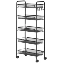 HOMCOM 5 Tier Utility Rolling Cart, Metal Storage Cart, Kitchen Cart With Removable Mesh Baskets, For Living Room, Laundry, Garage And Bathroom, Black -Furniture Store GUEST 1259b2df 01af 4f47 b59d 65245924c274