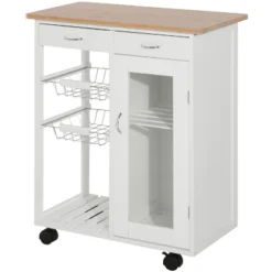 HOMCOM 28" Rolling Kitchen Trolley Serving Cart Storage Cabinet Bamboo Top With Wire Basket & Door Cabinet & Drawers, White -Furniture Store GUEST 17c15a63 df11 48e0 b9f3 3766df50ed89