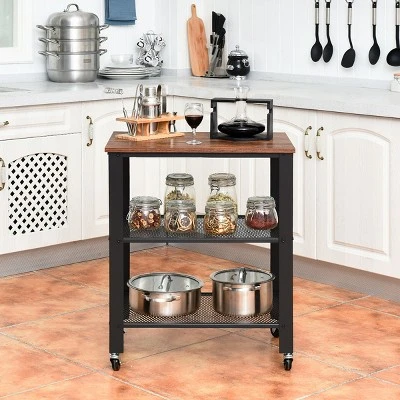 Industrial Serving Cart 3-Tier Kitchen Utility Cart On Wheels W/Storage Black 5 Industrial Serving Cart 3-Tier Kitchen Utility Cart On Wheels W/Storage Black - Image 3