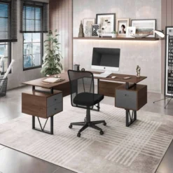 Reversible L Shaped Computer Desk With Drawers And File Cabinet Walnut - Techni Mobili -Furniture Store GUEST 23a003d2 2642 4b79 a05f 97cf5453f5ca
