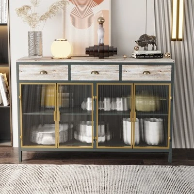 47.6" Modern Freestanding 4 Glass Door Sideboard With 3 Top Drawers, Natural - ModernLuxe 3 47.6" Modern Freestanding 4 Glass Door Sideboard With 3 Top Drawers, Natural - ModernLuxe