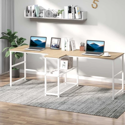 HOMCOM 83" Two Person Computer Desk With 2 Storage Shelves, Double Desk Workstation With Book Shelf, Long Desk Table For Home Office, Natural 4 HOMCOM 83" Two Person Computer Desk With 2 Storage Shelves, Double Desk Workstation With Book Shelf, Long Desk Table For Home Office, Natural - Image 2
