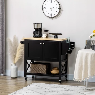 HOMCOM Rolling Kitchen Island On Wheels, Utility Serving Cart With Rubberwood Top, Towel Rack, Spice Rack And Storage Cabinet 3 HOMCOM Rolling Kitchen Island On Wheels, Utility Serving Cart With Rubberwood Top, Towel Rack, Spice Rack And Storage Cabinet