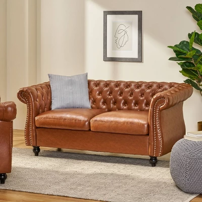 Silverdale Traditional Chesterfield Loveseat Cognac Brown/Dark Brown - Christopher Knight Home 3 Silverdale Traditional Chesterfield Loveseat Cognac Brown/Dark Brown - Christopher Knight Home