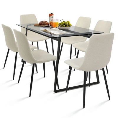 Mona+Bingo 7-Piece Black Rectangular Clear Tempered Transparent Glass Table With 6 Upholstered Side Chairs-Maison Boucle 3 Mona+Bingo 7-Piece Black Rectangular Clear Tempered Transparent Glass Table With 6 Upholstered Side Chairs-Maison Boucle