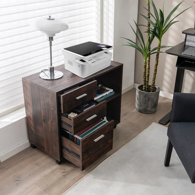 Costway 3-Drawer Wood File Cabinet Mobile Lateral Printer Stand With Open Storage Shelves 6 Costway 3-Drawer Wood File Cabinet Mobile Lateral Printer Stand With Open Storage Shelves - Image 4