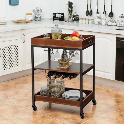 Costway 3 Tier Trolley Cart Kitchen Island Serving Bar Cart W/ Glass Holder & Wine Rack 4 Costway 3 Tier Trolley Cart Kitchen Island Serving Bar Cart W/ Glass Holder & Wine Rack - Image 2