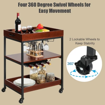 Costway 3 Tier Trolley Cart Kitchen Island Serving Bar Cart W/ Glass Holder & Wine Rack 6 Costway 3 Tier Trolley Cart Kitchen Island Serving Bar Cart W/ Glass Holder & Wine Rack - Image 4