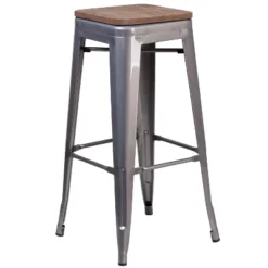 Merrick Lane Clear Coated Gray Metal Bar Counter Stool With Textured Walnut Elm Wood Seat -Furniture Store GUEST 49b3133e 33e9 45c9 8b0d 9d562fb35960