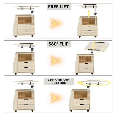 EROMMY 360 Degree Swivel Top Adjustable Height Bedside Nightstand End Table With Storage Drawers, Shelves, Lockable Wheels, & Computer Baffle, Natural 4 EROMMY 360 Degree Swivel Top Adjustable Height Bedside Nightstand End Table With Storage Drawers, Shelves, Lockable Wheels, & Computer Baffle, Natural - Image 2