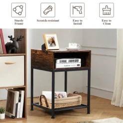 Costway Industrial Nightstand End Side Table W/ Compartment & Mesh Shelf Rustic Brown -Furniture Store GUEST 50aab460 5616 4859 b693 f0a0f7cc4cc0