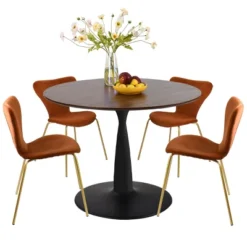 Harold+Flavia 5-Piece Walnut Foil Round Top Pedestal Dining Table Set With 4 Upholstered Chairs -The Pop Maison -Furniture Store GUEST 5140456d b8af 464c 9889 753bc561ea70