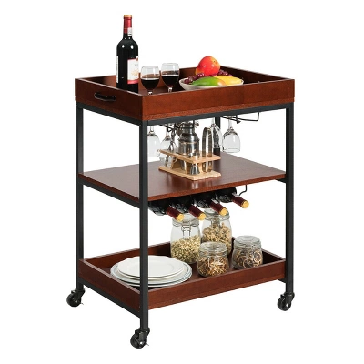 Costway 3 Tier Trolley Cart Kitchen Island Serving Bar Cart W/ Glass Holder & Wine Rack 8 Costway 3 Tier Trolley Cart Kitchen Island Serving Bar Cart W/ Glass Holder & Wine Rack - Image 6