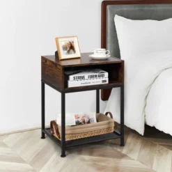 Costway Industrial Nightstand End Side Table W/ Compartment & Mesh Shelf Rustic Brown -Furniture Store GUEST 516a9b7c 364c 468a 8e32 daa76b7f875d