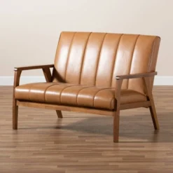 Nikko Mid-Century Faux Leather Upholstered Wood Loveseat Walnut/Brown - Baxton Studio -Furniture Store GUEST 523a5df4 2552 4576 a2e6 22ac3329118d