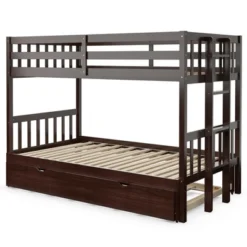Costway Twin Over Twin Pull-Out Bunk Bed With Trundle Wooden Ladder WhiteEspresso -Furniture Store GUEST 52ba82d7 75f8 4573 a847 dac286792309