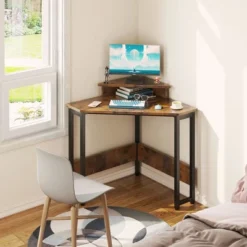 ODK Modern Wooden Triangle Corner Fit Computer Workstation Desk With Durable Steel Frame And Raised Monitor Stand -Furniture Store GUEST 52cccdd2 b4b2 4a06 81d7 cb40aa985345