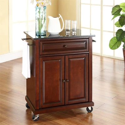 Wood Solid Black Granite Top Kitchen Cart In Mahogany Brown - Pemberly Row 3 Wood Solid Black Granite Top Kitchen Cart In Mahogany Brown - Pemberly Row