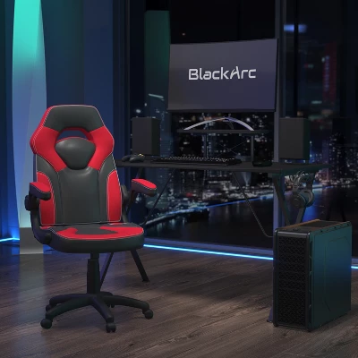 BlackArc Gamma Gaming Desk & Chair Set - Black & Red High Back Gaming Chair With Flip-Up Arms; Desk With Detachable Headphone Hook/Cupholder 3 BlackArc Gamma Gaming Desk & Chair Set - Black & Red High Back Gaming Chair With Flip-Up Arms; Desk With Detachable Headphone Hook/Cupholder