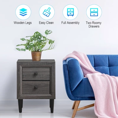 Costway Nightstand W/2 Drawers Multipurpose Retro Grey Bedside Table Fully Assembled 9 Costway Nightstand W/2 Drawers Multipurpose Retro Grey Bedside Table Fully Assembled - Image 7