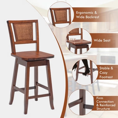 Costway Set Of 2/4 Swivel Bar Stools Counter Height Rubber Wood Pub Chairs W/ Rattan Back 10 Costway Set Of 2/4 Swivel Bar Stools Counter Height Rubber Wood Pub Chairs W/ Rattan Back - Image 8
