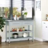 HOMCOM Kitchen Island With Stainless Steel Top, Traditional Kitchen Island With Storage, 2-Tier Open Shelves, Drawers, Light Gray
