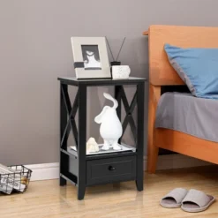 Costway Modern Nightstand With Bottom Drawer Storage Shelf Small Side End Table WhiteBlack