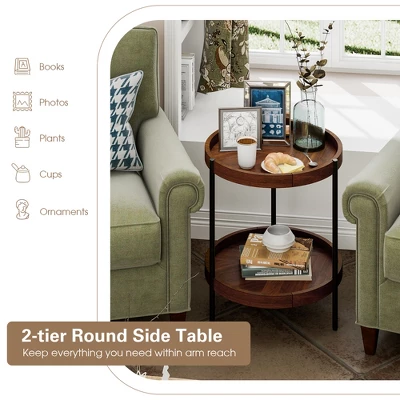 Costway 2-tier Round Side End Table Storage Shelf Rubber Wood Accent Nightstand 9 Costway 2-tier Round Side End Table Storage Shelf Rubber Wood Accent Nightstand - Image 7