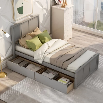 Twin Size Wood Platform Storage Bed With Two Drawers On Wheels-ModernLuxe 3 Twin Size Wood Platform Storage Bed With Two Drawers On Wheels-ModernLuxe