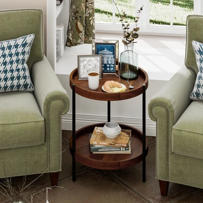Costway 2-tier Round Side End Table Storage Shelf Rubber Wood Accent Nightstand 4 Costway 2-tier Round Side End Table Storage Shelf Rubber Wood Accent Nightstand - Image 2