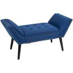 HOMCOM Modern Button Tufted Sitting Bench, Accent Fabric Upholstered Ottoman For Bedroom Or Living Room, Blue -Furniture Store GUEST 767b4e85 b0bf 46df a65c 50db5d8b5cb2