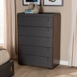 5 Drawer Rikke Two-Tone Wood Chest Brown - Baxton Studio