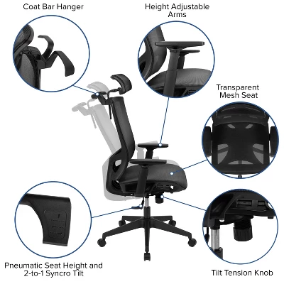 Flash Furniture Ergonomic Black Mesh Office Chair-Synchro-Tilt, Pivot Headrest, Adjustable Arms 6 Flash Furniture Ergonomic Black Mesh Office Chair-Synchro-Tilt, Pivot Headrest, Adjustable Arms - Image 4