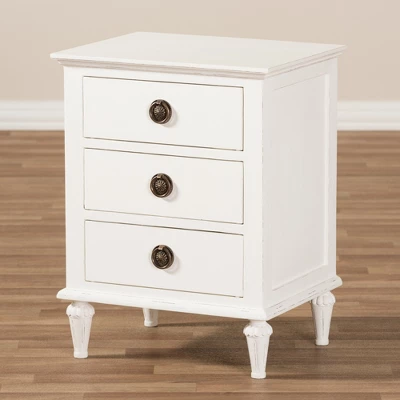 Venezia French - Inspired Rustic Washed Wood 3 - Drawer Nightstand - White - Baxton Studio 9 Venezia French - Inspired Rustic Washed Wood 3 - Drawer Nightstand - White - Baxton Studio - Image 7