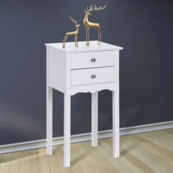 Costway Side Table End Accent Table Night Stand W/ 2 Drawers Furniture White