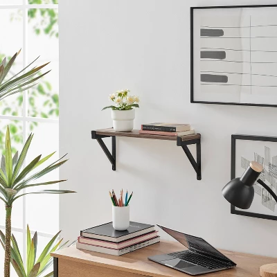 Genoa Wall Shelf On Triangular Metal Bracket Black/Rustic - Danya B. 4 Genoa Wall Shelf On Triangular Metal Bracket Black/Rustic - Danya B. - Image 2