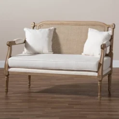 Clemence Upholstered Whitewashed Wood Sofa Loveseat Ivory/Oak - Baxton Studio
