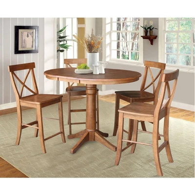 36" Ryan Round Extendable Dining Table With 4 X Back Stools Distressed Oak - International Concepts 3 36" Ryan Round Extendable Dining Table With 4 X Back Stools Distressed Oak - International Concepts