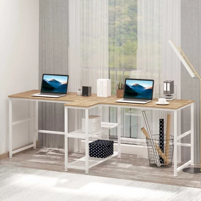 HOMCOM 83" Two Person Computer Desk With 2 Storage Shelves, Double Desk Workstation With Book Shelf, Long Desk Table For Home Office, Natural 3 HOMCOM 83" Two Person Computer Desk With 2 Storage Shelves, Double Desk Workstation With Book Shelf, Long Desk Table For Home Office, Natural