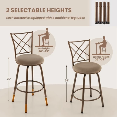 Costway Set Of 2 24/30 Inch Adjustable Swivel Barstools Metal Dining Chairs Brown 9 Costway Set Of 2 24/30 Inch Adjustable Swivel Barstools Metal Dining Chairs Brown - Image 7