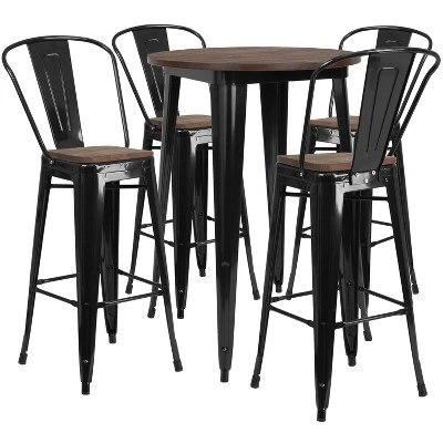 Emma And Oliver 30" Round Metal/Wood Bar Table Set - 4 Stools 3 Emma And Oliver 30" Round Metal/Wood Bar Table Set - 4 Stools