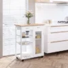 HOMCOM 28" Rolling Kitchen Trolley Serving Cart Storage Cabinet Bamboo Top With Wire Basket & Door Cabinet & Drawers, White