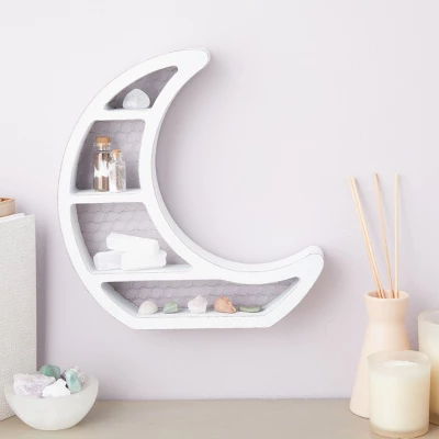 Farmlyn Creek Small Wooden Crescent Moon Wall Shelf For Crystals & Essential Oils, Rustic Home Wall Decor For Nursery, White, 10.7 X 11.2 X 2 In 4 Farmlyn Creek Small Wooden Crescent Moon Wall Shelf For Crystals & Essential Oils, Rustic Home Wall Decor For Nursery, White, 10.7 X 11.2 X 2 In - Image 2